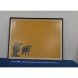 A framed print by Allen, cows to the bottom left on a yellow ground, 78cm x 101cm IMPORTANT!