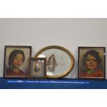 A group of framed portraits, three of girls and one of an Arab man, the oval frame 35cm x 43cm