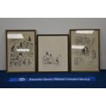 Three framed cricketing prints, including one a caricature, the largest 43cm x 29cm (3) IMPORTANT!