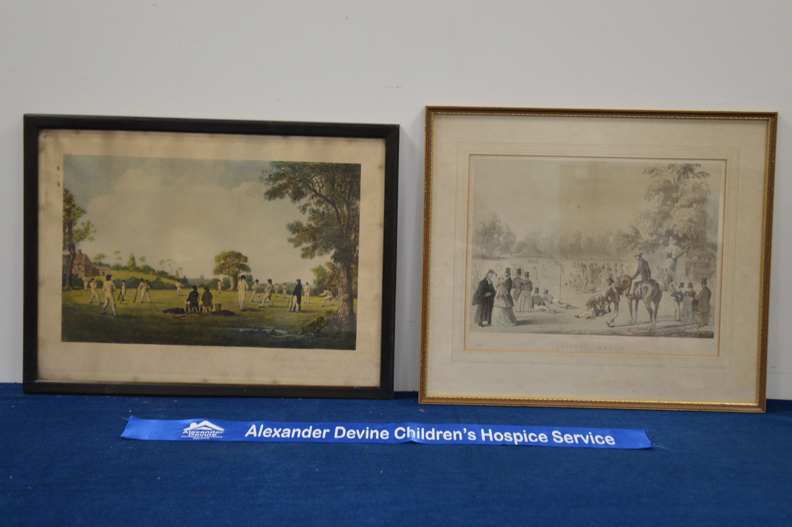 Four framed cricket themed prints/etchings, including Hambledon, the largest 47cm x 54cm