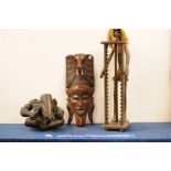 Hardware tribal items, including standing figural CD rack, 86cm high, carved hardwood mask, 63cm and