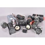 An assortment of aviation dials, to include Heading Selector, Voltmeter, Altimeters, Clocks, compass