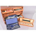 A large collection of Designer's drawing equipment, comprising, mechanical pencils, geometry sets,