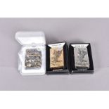 Three Japanese Market Zippo Lighters, to include two 'The King of the Sky', one in yellow metal, the