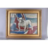 In the manner of Maud Earl, oil on cardboard, depicting a Bulldog standing on the Union Jack flag,