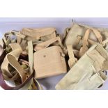 An assortment of WWII and later satchels and webbing, including some belts, two pairs of