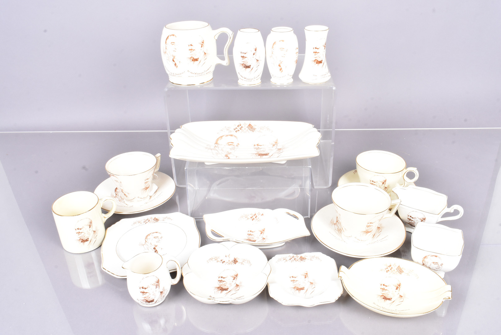 A collection of Royal Winton Churchill-Roosevelt themed ceramics, including dishes, small vases,