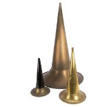 Phonograph and gramophone horns, threee phonograph horns, various sizes, brass and nickel-plated;