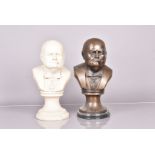 A pair of unnamed busts of Winston S. Churchill, one in bronze, the other in marble, both with his
