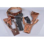 Brown leather and brass sword hangers, together with a large brown leather belt, a black leather