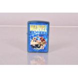 A 2005 Marvel Heroes and Villains Zippo Lighter, on metallic blue, in alloy retailer's case with