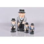 Royal Doulton, a set of three Winston Churchill toby jugs, all in grey overcoats, all stamped to the