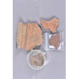 A small selection of pottery fragments, possibly neolithic, remnants of repetitive design to the