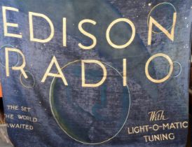 Edison advertising, a blue plush cloth banner advertising Edison Radio -- 53 x 60in. (135 x