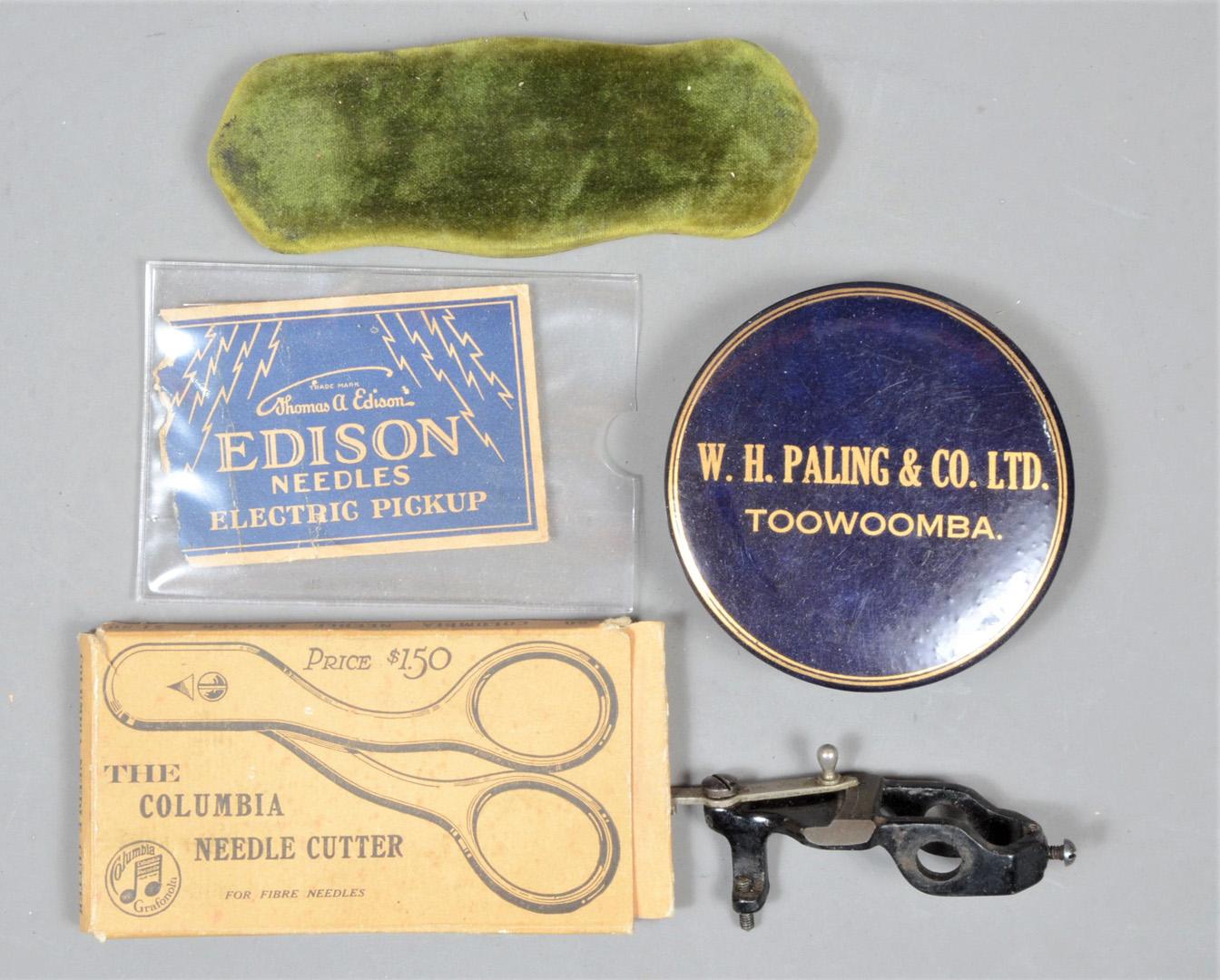 Phonograph accessories, Two USA advertising record pads; an Edison gear change lever; five Edison