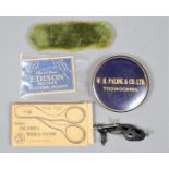 Phonograph accessories, Two USA advertising record pads; an Edison gear change lever; five Edison