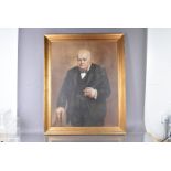 P.A. Bill, oil on canvas, portrait of Churchill smoking and cigar, signed to the lower right, 90cm x