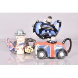 Two Carlton Ware Winston Churchill teapots, one in the form of a car with Union Jack decoration, the