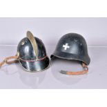 Two Swiss Firemen's Helmets, both of varying style, both with liners and chin straps (2)