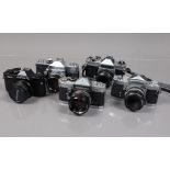Five SLR Cameras, a Petri GX-1, with 50mm lens, FT & Flex V, with 55mm lenses, one with ding to