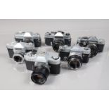 A Group of SLR Cameras, a Yashica FX-2, shutter working, with 55mm f/2 lens, a Topcon IC-1 auto,