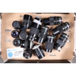 Olympus OM Mount and Prime Lenses, four Zuiko 75-150mm f/4 lenses, an OM mount Carl Zeiss Jens 80-