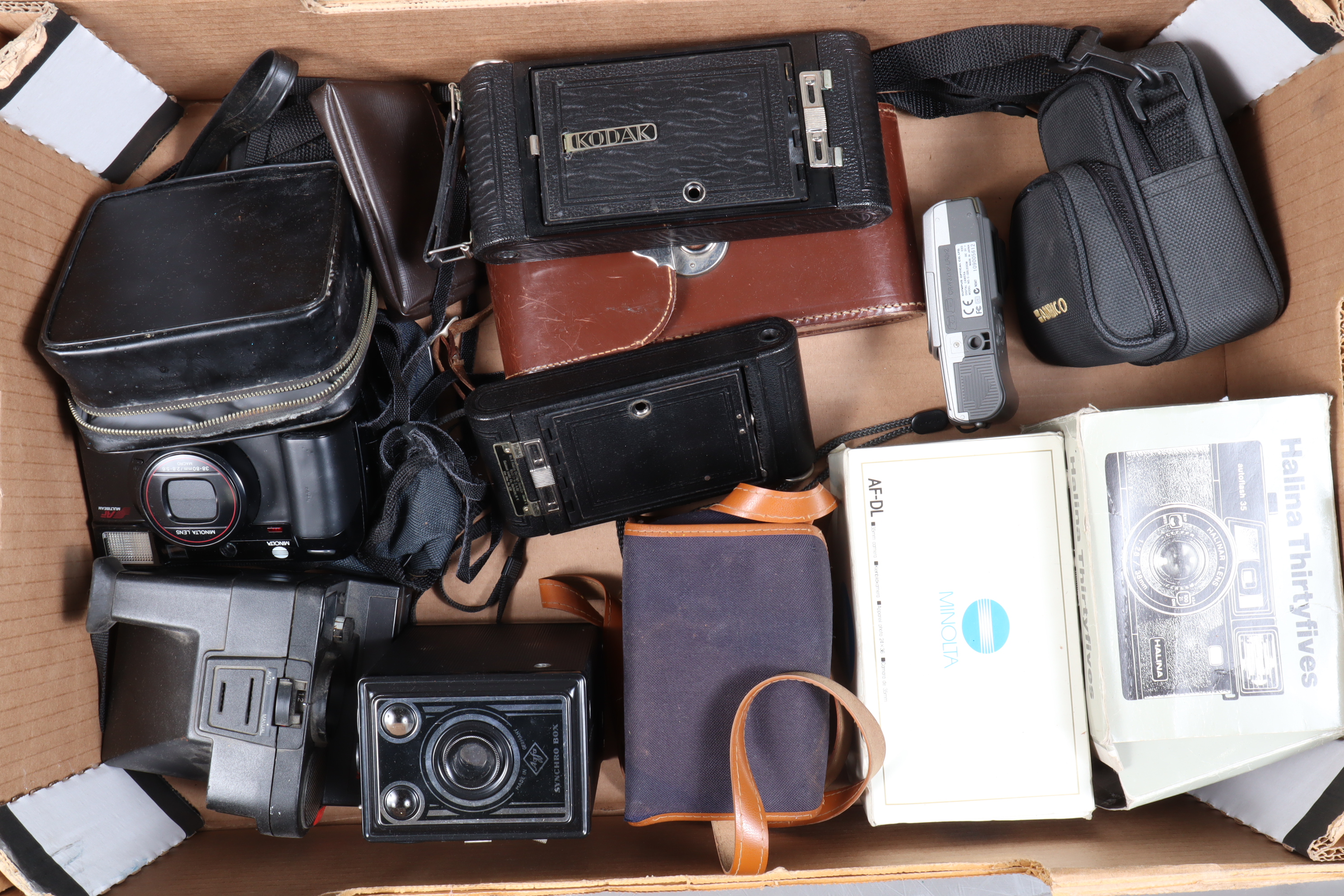Various Cameras, comprising an Ensign Midget 55 compact folding camera, a No 1A Pocket Kodak folding