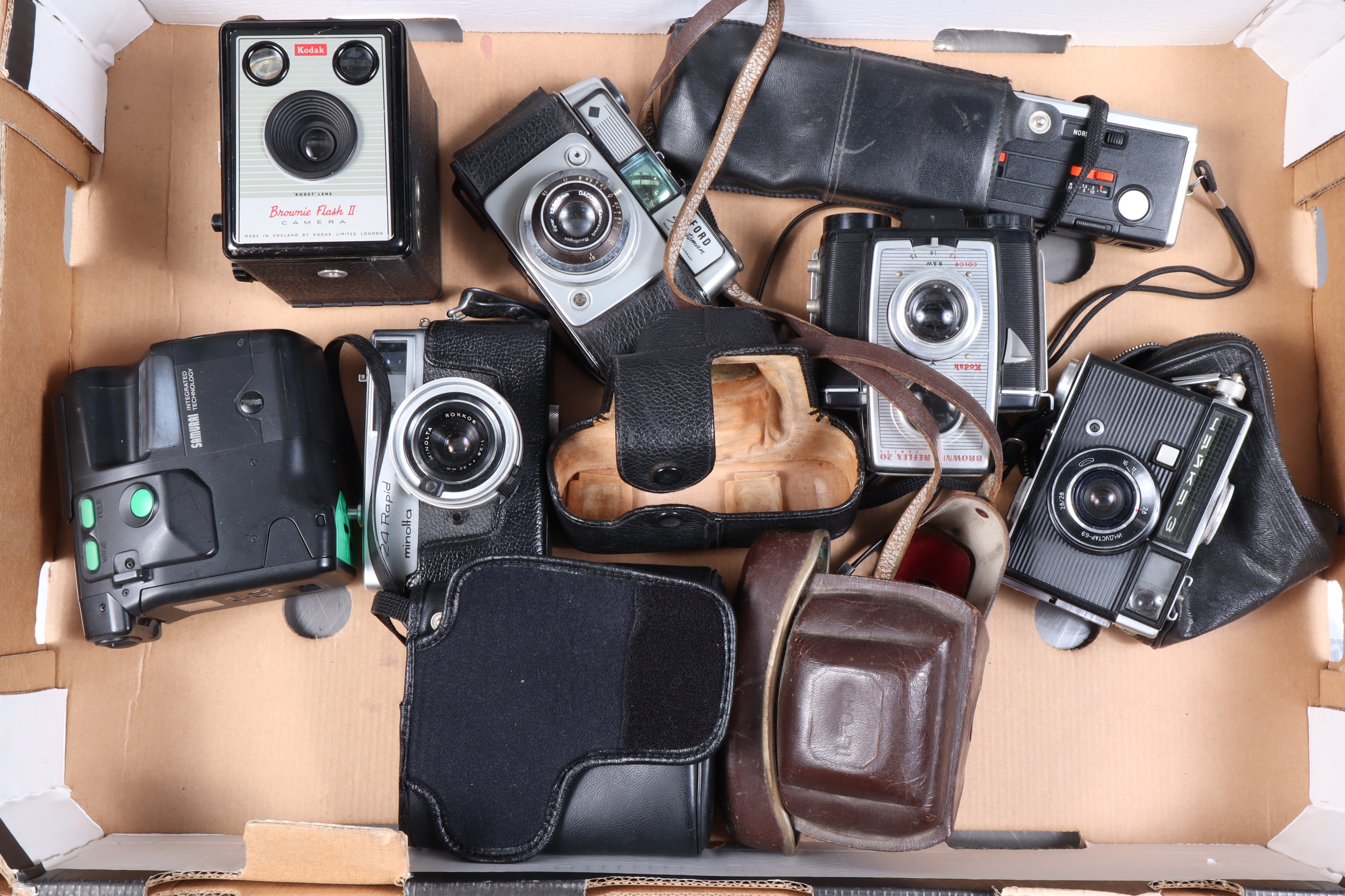 A Group of Various Cameras, seven cameras including a Chaika-3 Soviet half frame camera, shutter