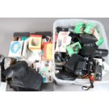 A Box of Camera Related Items. including flash units, two pairs of binoculars, several mobile