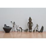 A bronze African Benin style bronze figurine, the base slightly damaged, 18cm high, together with an