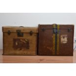 Two early 20th century canvas and leather bound storage trunks, with old labels, lots of wear and