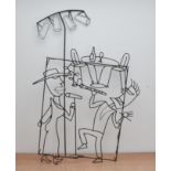 DeBusk (Contemporary), two wire work wall sculptures, 21st century, one formed as a performing