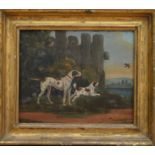 19th century British School, Two game dogs, oil on board, in a gilt frame, frame size 25cm x 28.5cm