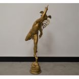 A gold painted metal statue of Hermes, after G. E. Sommer, the figure, stood over a cherubs mouth on