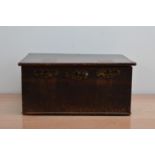 A 19th century and later oak bible box, rectangular form, three brass mounted locks to the front,