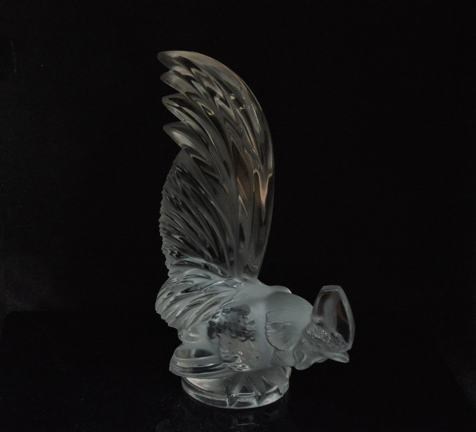A mid 20th century Lalique cockerel car mascot, marked to the base Lalique France, 20.5cm high