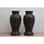 A pair of late Meiji period Japanese bronze vases, each with two panels with raised birds in natural
