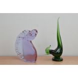 A Murano pink glass horse head, 20cm high, together with a green glass cockerel 27cm high (2)