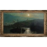 J. Holland (British 20th century), Moonlight Harbour Scene in Douglas, oil on canvas, signed