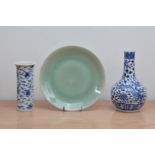 Three items of late 19th century and later Chinese ceramics, comprising a celadon glazed plate, with