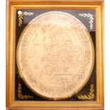 A Georgian Embroidered map of England Wales, in an oval mount and gilt wooden frame, frame size 69cm