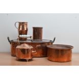 A collection of copperwares, comprising a kettle with ceramic handle and stand 24cm high, a large