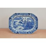 A late 18th century Chinese export blue and white glazed earthenware meat platter, hand painted,