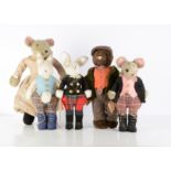 Five Little Folk dressed animals, Mole --17in (43cm.) high; two mice and two rabbits, three with