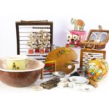 A large selection of teddy bear and doll household accessories, including tea sets, cutlery,