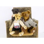 Three House of Nisbet Teddy bears, one with Union Jack apron, an other with signed label to leg (