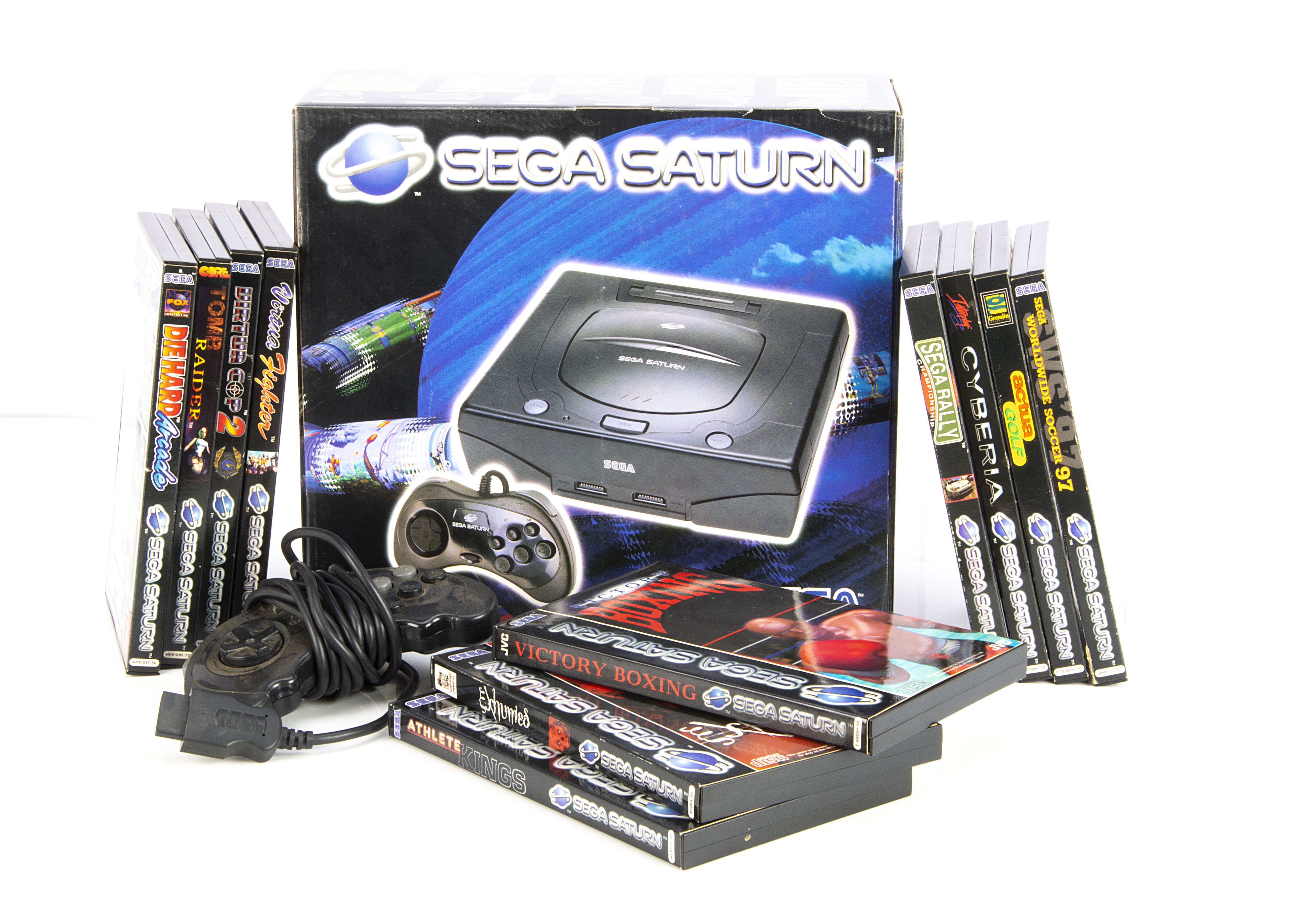 Sega Saturn Console & Games, Sega Saturn in original box with cables, controller and paperwork,