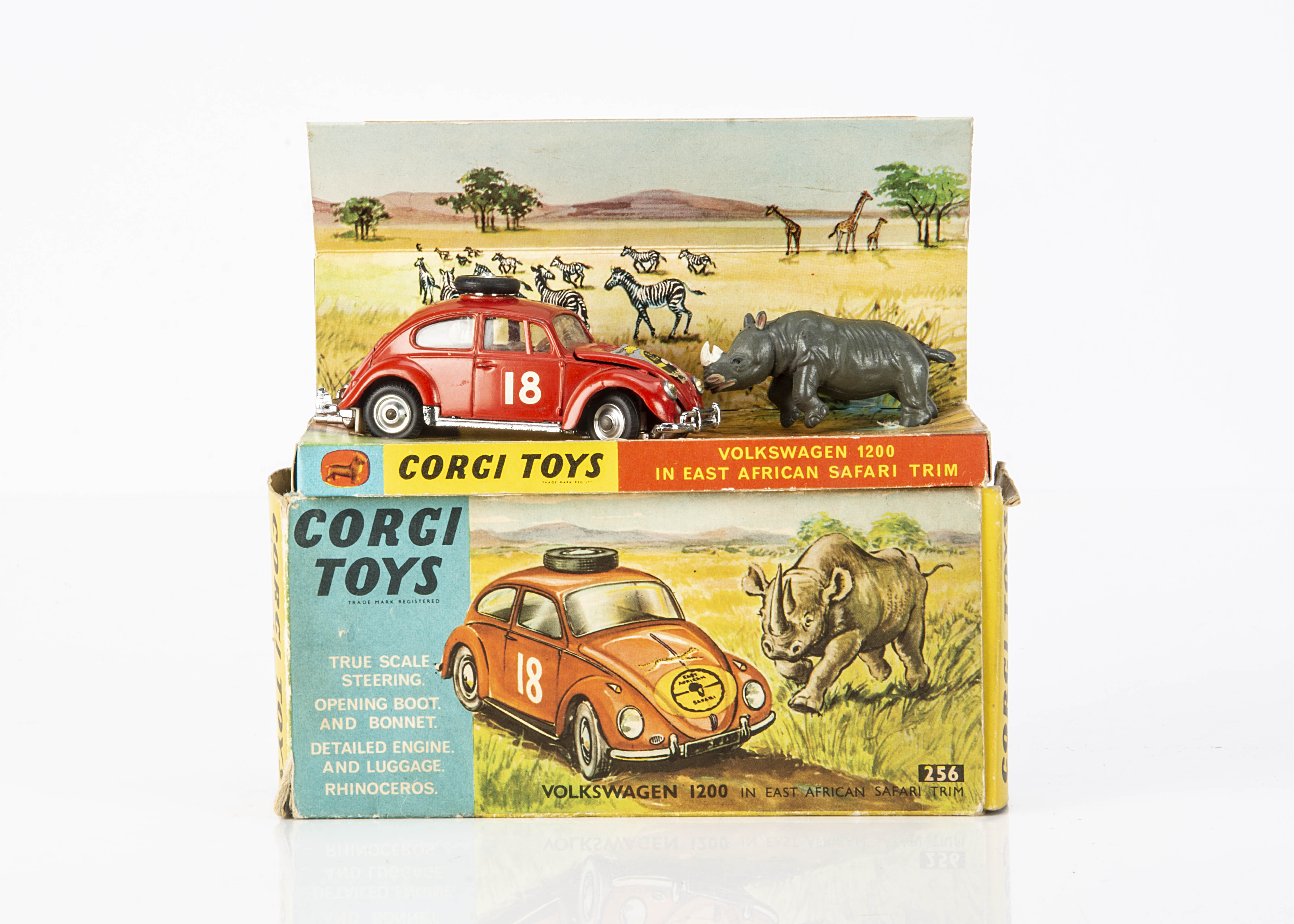 A Corgi Toys 256 Volkswagen 1200 East Africa Safari Trim, orange body, RN18, spun hubs, Rhinoceros