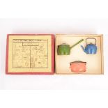 Uncommon Britains No 3W Kitchen Set, comprising blue Kettle, green Saucepan and pink pot, in