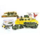 Boxed Military Dinky Toys, 660 Tank Transporter, 697 25-Pounder Field Gun Set, plastic hubs, 651
